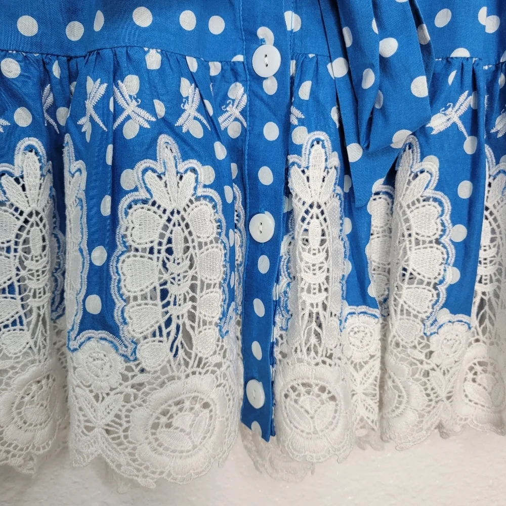 MIGUELINA Blue Polka Dot Print Mini Skirt NEW w/embroidery lace accents Size M